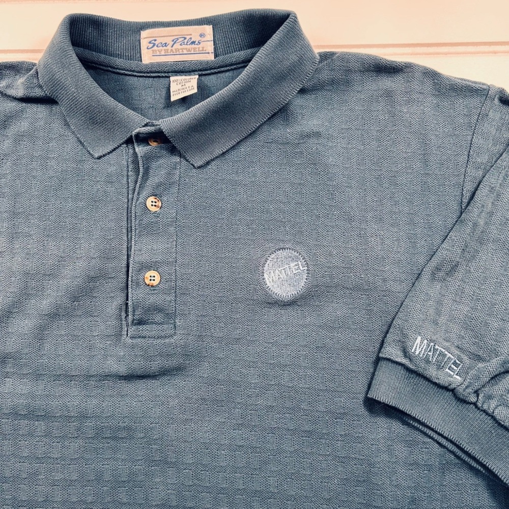 VTG Sea Palms Mattel Promo Polo Shirt Mens Medium Blue Denim Textured Cotton USA
